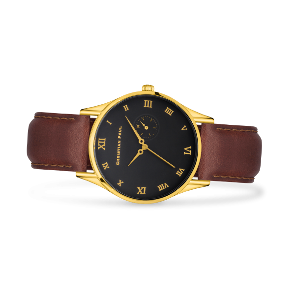 Luxury gold and black dial genuine leather tan watch