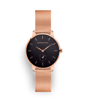 Luxury rose gold mesh and black dial watch