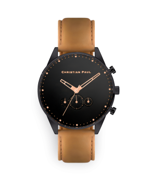Luxury black and rose gold dial tan leather sports watch