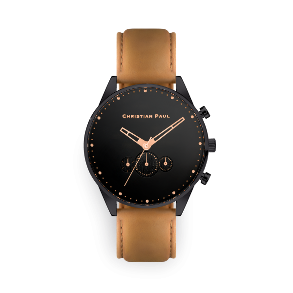 Luxury black and rose gold dial tan leather sports watch