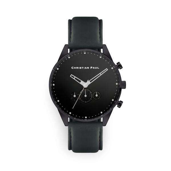 Luxury black and silver dial black leather sports watch