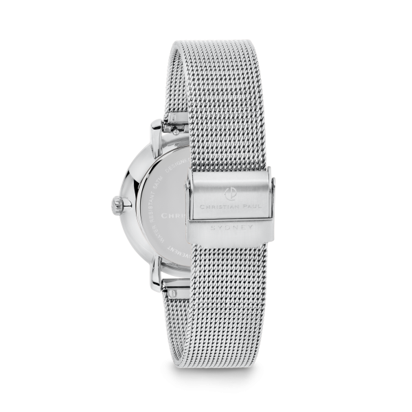 luxury navy bevelled glass silver mesh watch
