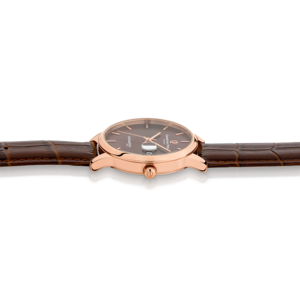 Luxury burgundy and rose gold dial brown genuine croc leather watch