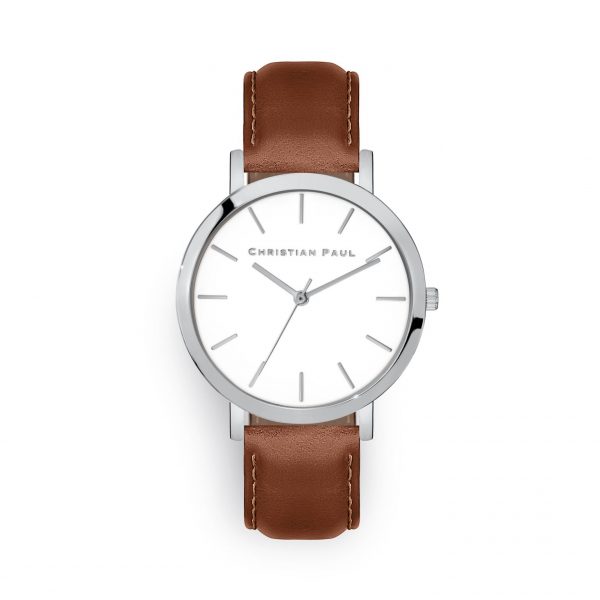 Luxury silver and brown leather watch